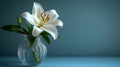 Generative AI Image of Single White Lily Flower in Glass Vase on Light Blue Background