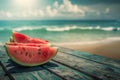 Generative AI Image of Slices of Watermelon Fruit on Wooden Table with Summer Beach Background Royalty Free Stock Photo