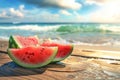 Generative AI Image of Slices of Watermelon on Wooden Table with Summer Beach Background Royalty Free Stock Photo