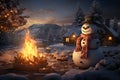 Generative AI Image of Snowman with Burning Bonfire on Nature Background at Night