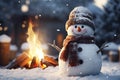 Generative AI Image of Snowman with Burning Bonfire in Winter Season