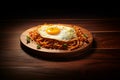 Generative AI Image of Spaghetti Pasta Noodles with Egg on a Wooden Coaster