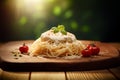 Generative AI Image of Spaghetti Pasta Noodles with Tomatoes on a Wooden Coaster