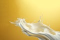 Generative AI Image of Splash of Fresh Pure Milk with Blank Space on Yellow Background