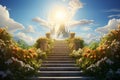 Generative AI Image of Stairs Leading Up to Heavenly Sky with Flowers in Bright Day Royalty Free Stock Photo