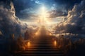 Generative AI Image of Stairway Leading Up to Heaven with Light in Blue Sky Royalty Free Stock Photo