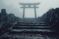 Generative AI Image of Stone Stairs Leading to Torii Gate Shrine in Japan with Misty Sky