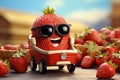 Generative AI Image of Strawberry Fruit Character Driving a Toy Car in the Garden