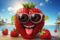Generative AI Image of Strawberry Fruit Character with Funny Expression on the Beach