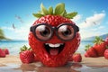 Generative AI Image of Strawberry Fruit Character with Happy Expression on the Beach