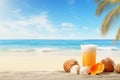 Generative AI Image of Summer Vacation Background with Cold Drink on the Beach