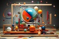 Generative AI Image of Surreal 3D Geometry Odyssey with Colorful Marbles Balls in Wooden Miniature