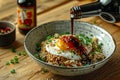 Generative AI Image of Sweet Soy Sauce Poured on Egg Rice in Bowl Royalty Free Stock Photo