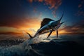 Generative AI Image of Sword Fish Jumping Out of Water with Sky View at Sunset Royalty Free Stock Photo