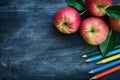 Generative AI Image of Top View of Apple with Colored Pencils with Copy Space on Blackboard Background Royalty Free Stock Photo