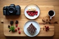 Generative AI Image of Top View of Camera with Cake on Wooden Table