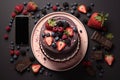 Generative AI Image of Top View of Delicious Dessert Cake with Cellphone on Black Background