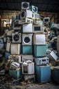Generative AI image of a towering stack of old electronic appliances inside a warehouse, including televisions, washing machines, Royalty Free Stock Photo
