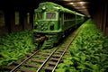 Generative AI image of a train covered with green leaves