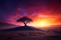 Generative AI Image of Tree in the Desert with Dramatic Sky at Sunrise