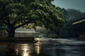 Generative AI Image of Tree in Parking Lot with Heavy Rain Royalty Free Stock Photo