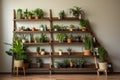 Generative AI Image of Various Green Houseplants in Pots on Wooden Shelves Royalty Free Stock Photo