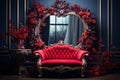 Generative AI Image of Wall Mirror with Red Sofa and Rose Flowers Decoration in Room