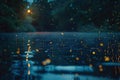 Generative AI Image of Water in Lake River with Fireflies Lights Flying in Night Sky Royalty Free Stock Photo