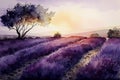 Generative AI image of Watercolor painting. Beautiful lavender farm in countryside with sunset