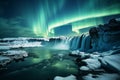 Generative AI Image of Waterfall Flowing in River with Aurora Borealis in Night Sky