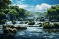 Generative AI Image of Waterfall Flowing in River with Trees Nature Landscape