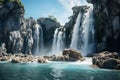 Generative AI Image of Waterfall on Rocky Cliffs in Bright Day