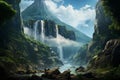 Generative AI Image of Waterfall on Rocky Cliffs with Nature Landscape in Bright Day