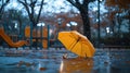 Generative AI Image of Wet Yellow Umbrella in Playground at Rain Royalty Free Stock Photo