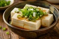 Generative AI Image of White Tofu with Salty Soy Sauce and Sliced Spring Onions in Bowl