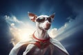 Generative AI Image of White Whippet Dog Flying in the Sky Wearing Superhero Cloak
