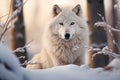 Generative AI Image of White Wolf Animal in Forest During Winter Season