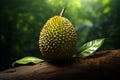 Generative AI Image of Whole Durian Fruit on Tree Trunk in Garden