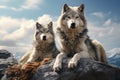 Generative AI Image of Wild Animal Wolves Resting on a Rock with Bright Sky View