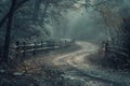 Generative AI Image of Winding Road in the Foggy Forest with Wooden Fence and Trees Royalty Free Stock Photo