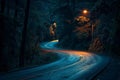 Generative AI Image of Winding Road in the Forest Surrounded by Trees at Night Royalty Free Stock Photo