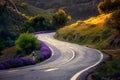 Generative AI Image of Winding Road in the Hills with Lavender Flowers and Green Trees