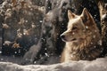 Generative AI Image of Wolf Resting in the Forest During Snowfall