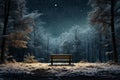 Generative AI Image of Wooden Bench Surrounded by Trees in Forest During Snowfall at Night
