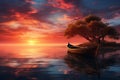 Generative AI Image of Wooden Boat in the Sea with Dramatic Sky at Sunrise