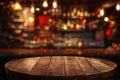 Generative AI image of a wooden round table and pub or bar blur background Royalty Free Stock Photo