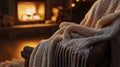 Generative AI Image of Wool Scarf on Wooden Ancient Chair in Front of Cozy Living Room Fireplace