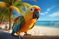 Generative AI Image of Yellow Parrot Macaw Bird Perched on Tree Branch with Beach Background Royalty Free Stock Photo