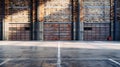 Generative AI Industrial background, empty grunge urban street with warehouse brick wall business concept. Royalty Free Stock Photo