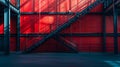 Generative AI Industrial building interior with red wall and black, metal staircase business concept. Royalty Free Stock Photo